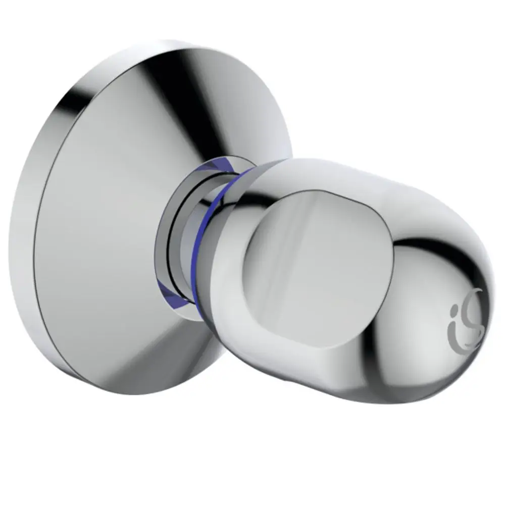 Chromfarbenes Ventil mit runder Wandplatte, verarbeitet von Ideal Standard, zur Anwendung in Sanitärinstallationen.